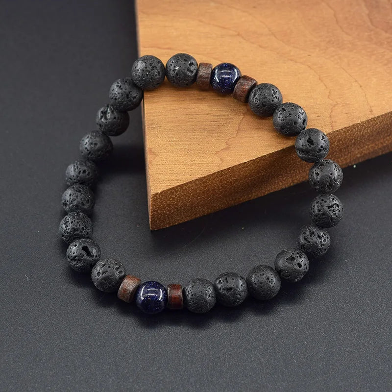 Natural Blue Sandstone Round Beads Bracelet Men Women Vintage Volcanic Stone Jewelry Relieve Anxiety Wristband Birthday Gift