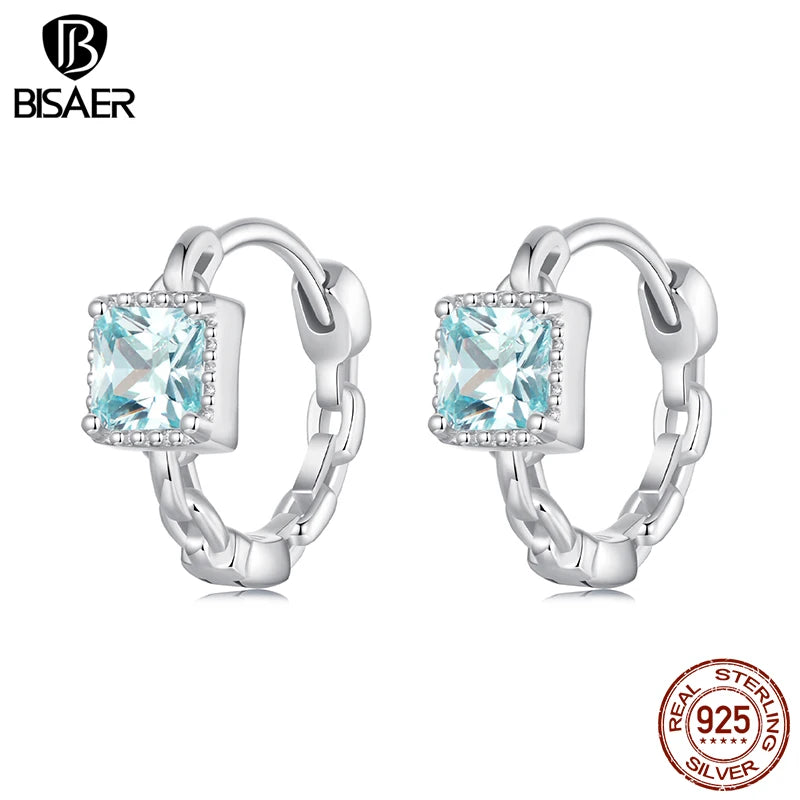 BISAER 925 Sterling Silver Aquamarine Square Hoop Earring Round Circle Stud Ear Plated White Gold For Woman Party Fine Jewelry