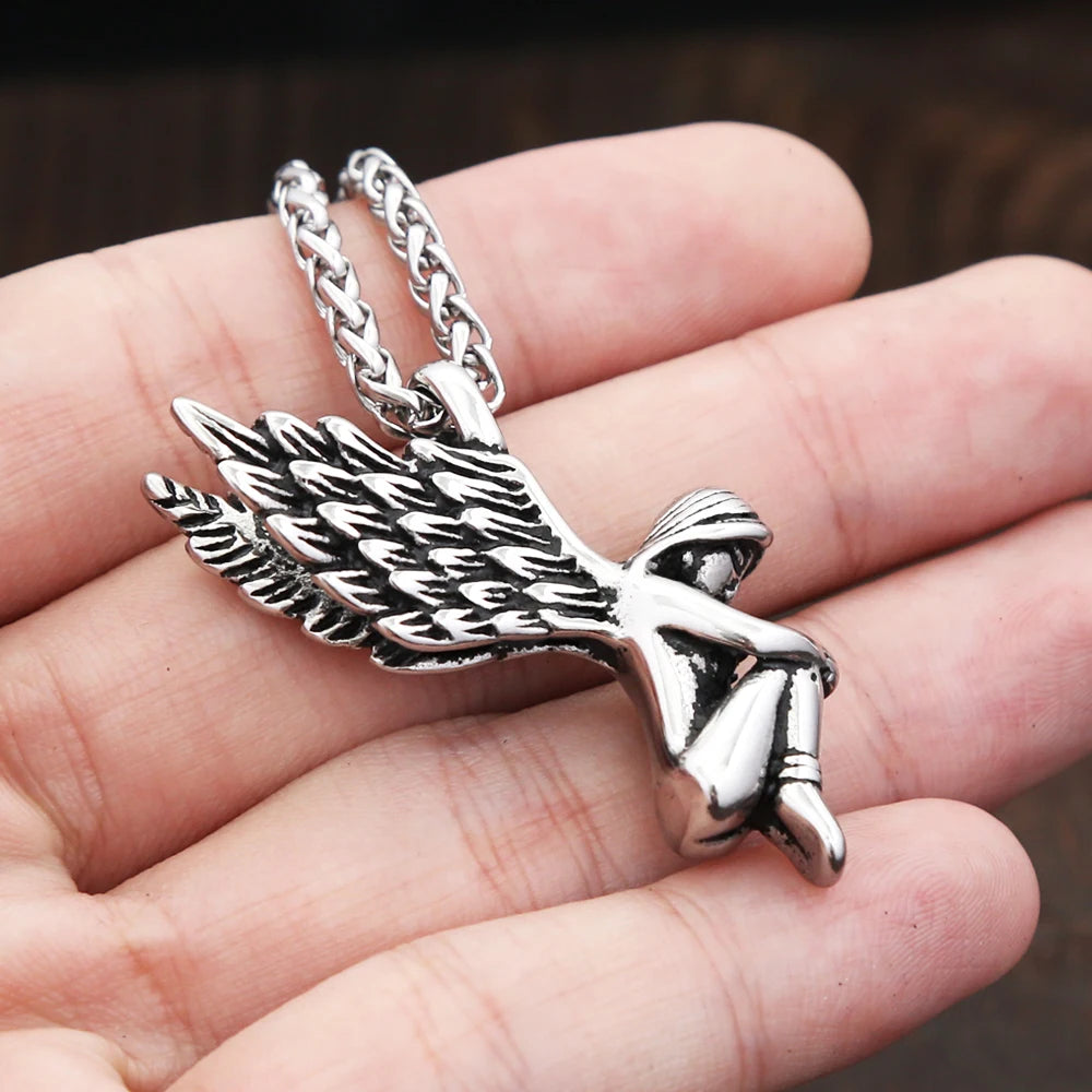 Vintage Stainless Steel Angel Wings Prayer Hands Pendant Necklaces For Men Women Fashion Anniversary Amulet Jewelry Dropshipping