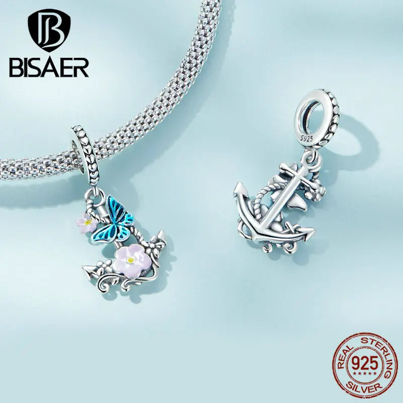 BISAER 100% 925 Sterling Silver Flower Anchor Charm Bead Blue Heart Pendant For Women DIY Bracelet Fine Jewelry Gift