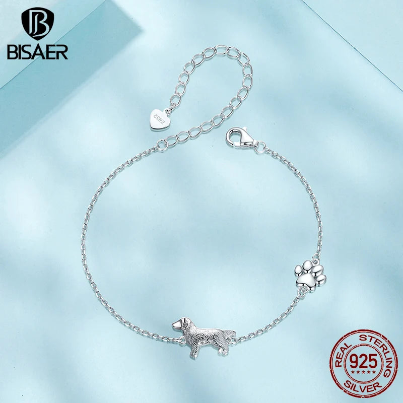 BISAER 925 Sterling Silver Golden Retriever Bracelet Pet Animals Charm Adjustable Chain Plated White Gold for Women Fine Jewelry