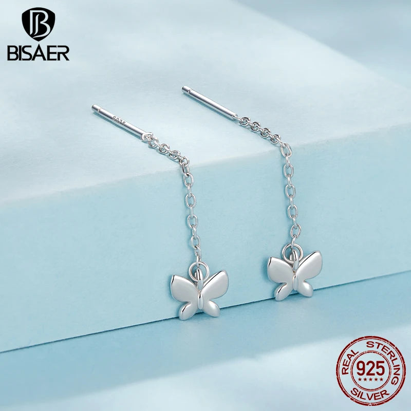 BISAER 925 Sterling Silver Snowflake Ear Threads Butterfly Star Four-leaf Clover Earrings Plated White Gold For Women Jewelry