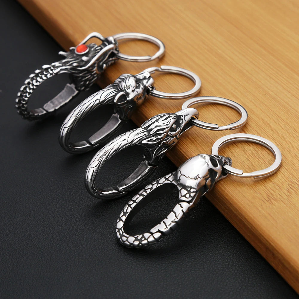 New Vintage Stainless Steel Animal Keychains For Men Women Fashion Punk Dragon Head Keychain Waist Belt Clip Jewelry Accessories