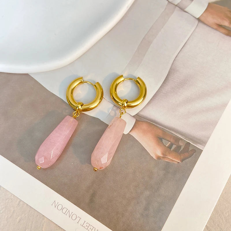 2022 Summer Gold Plated Stainless Steel Pink White Stone Teardrop Hoop Earrings for Women Waterproof Earring Jewelry Gift