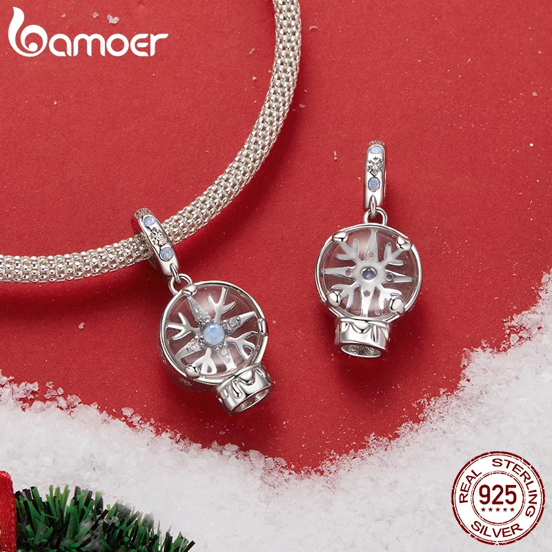 BAMOER S925 Pendentif boule de cristal flocon de neige de Noël en argent pour bracelet original DIY Bamoer Charm pour la fabrication de bijoux cadeau de Noël