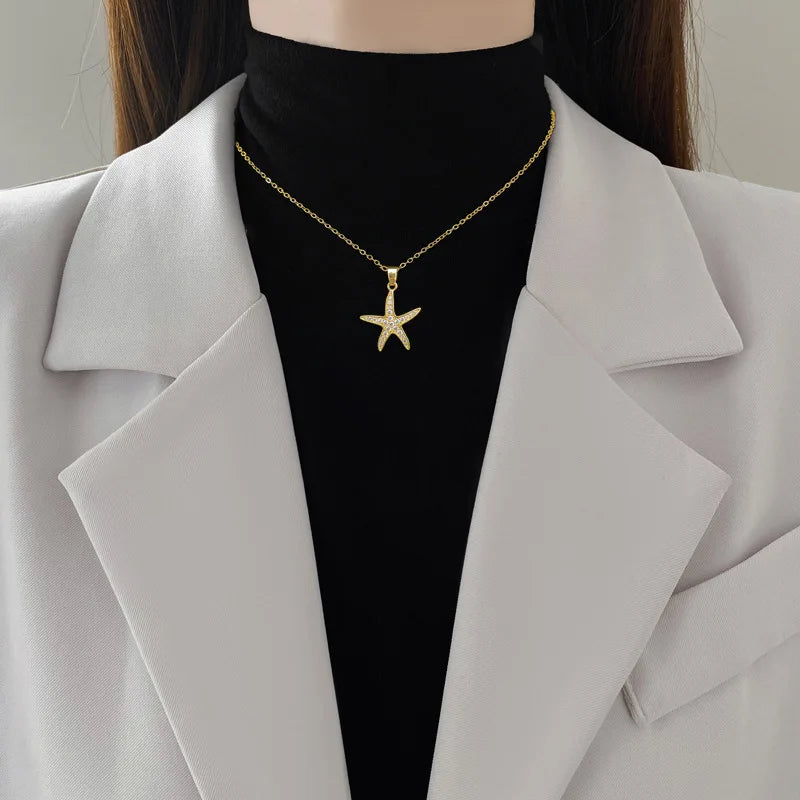 Fashion Simple Marine Life Starfish Zircon Pendant Necklaces for Women Stainless Steel Jewelry Accessories Gifts for Lover