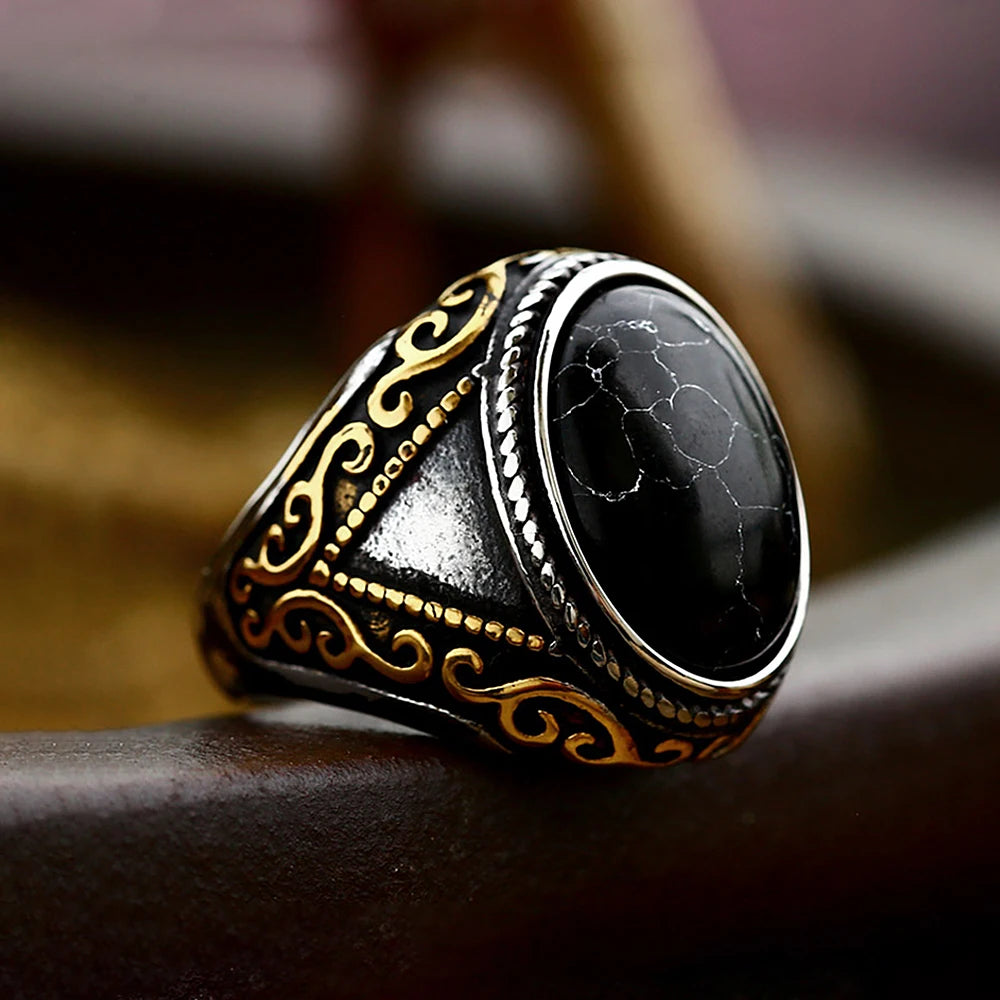 New Vintage 316L Stainless Steel Stone Rings For Men Boys Gothic Hip Hop Natural Oval Opal Stone Ring Fashion Punk Jewelry Gifts