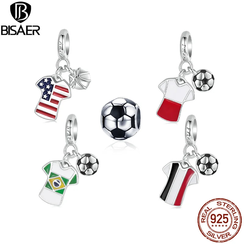 BISAER 925 Sterling Silver Football Jersey Pendant Enamel Process Ball Charm Bead Fit Woman DIY Bracelet & Necklace Fine Jewelry