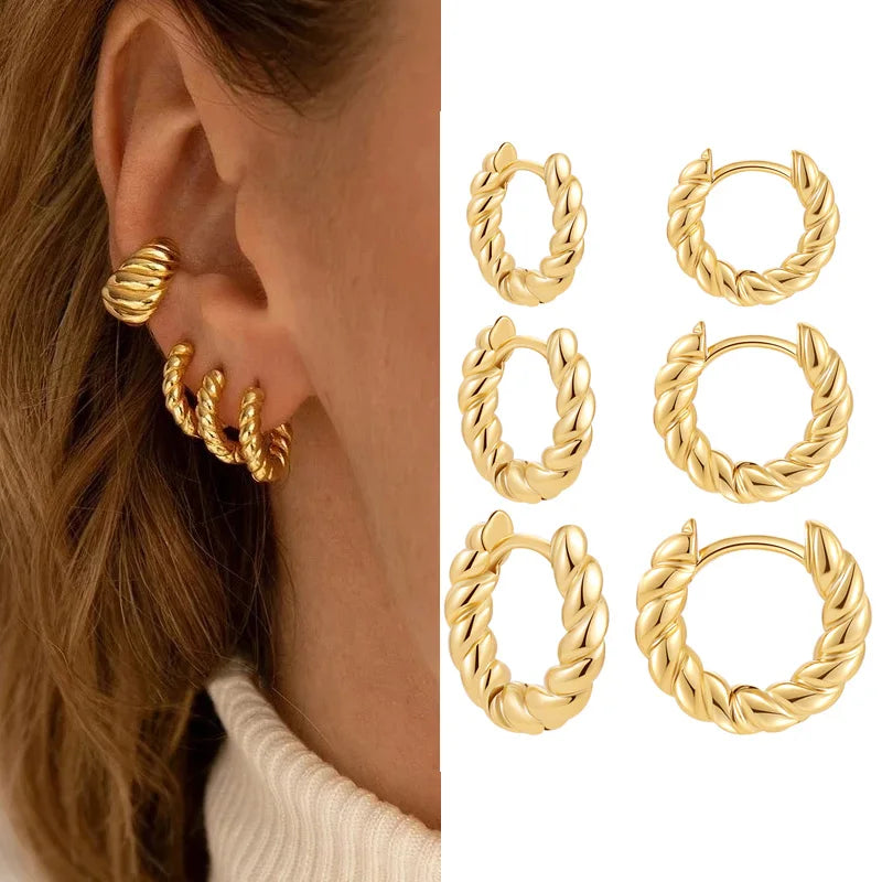 New Trendy Twisted Small Hoop Earrings for Women Fashion Gold Color Metal Circle Tiny Hoops Huggie Ear Buckle Jewelry 2023