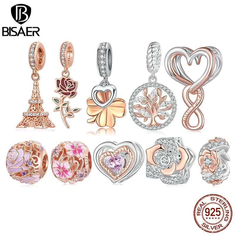 BISAER 100% 925 Sterling Silver Tree of Life Charm Bead Rose Spacer Plated Rose Gold Pendant Fit Women DIY Bracelet Fine Jewelry