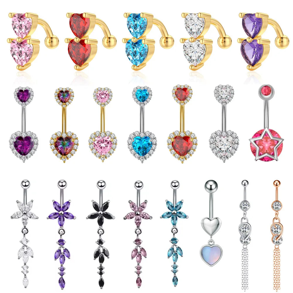 14G Heart Crystal Zircon Belly Button Rings Stainless Steel Long Dangled Flower Belly Piercing Ring Reversed Bar Navel Jewelry