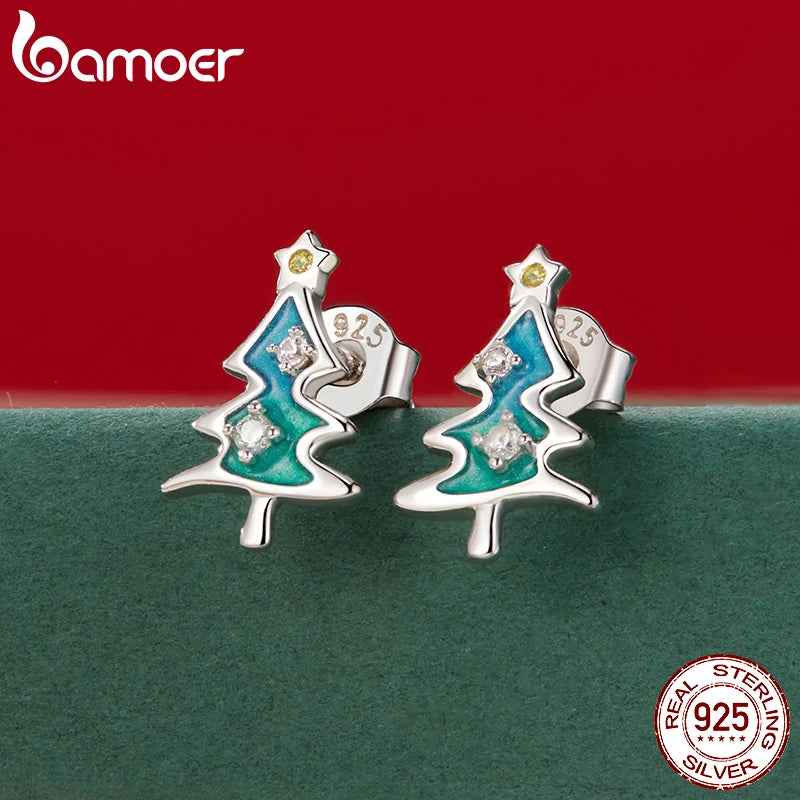 Boucles d'oreilles à tige en argent sterling 925 BAMOER en forme d'arbre de Noël, boucles d'oreilles hypoallergéniques plaquées or, cadeau de Noël pour fille SCE1811