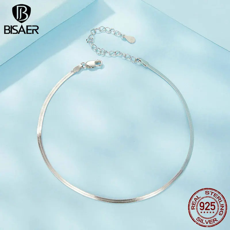 BISAER 925 Sterling Silver Snake Anklets Geometric Chain Anklets Plated White Gold For Women Party Fine Jewelry Holiday ECT029