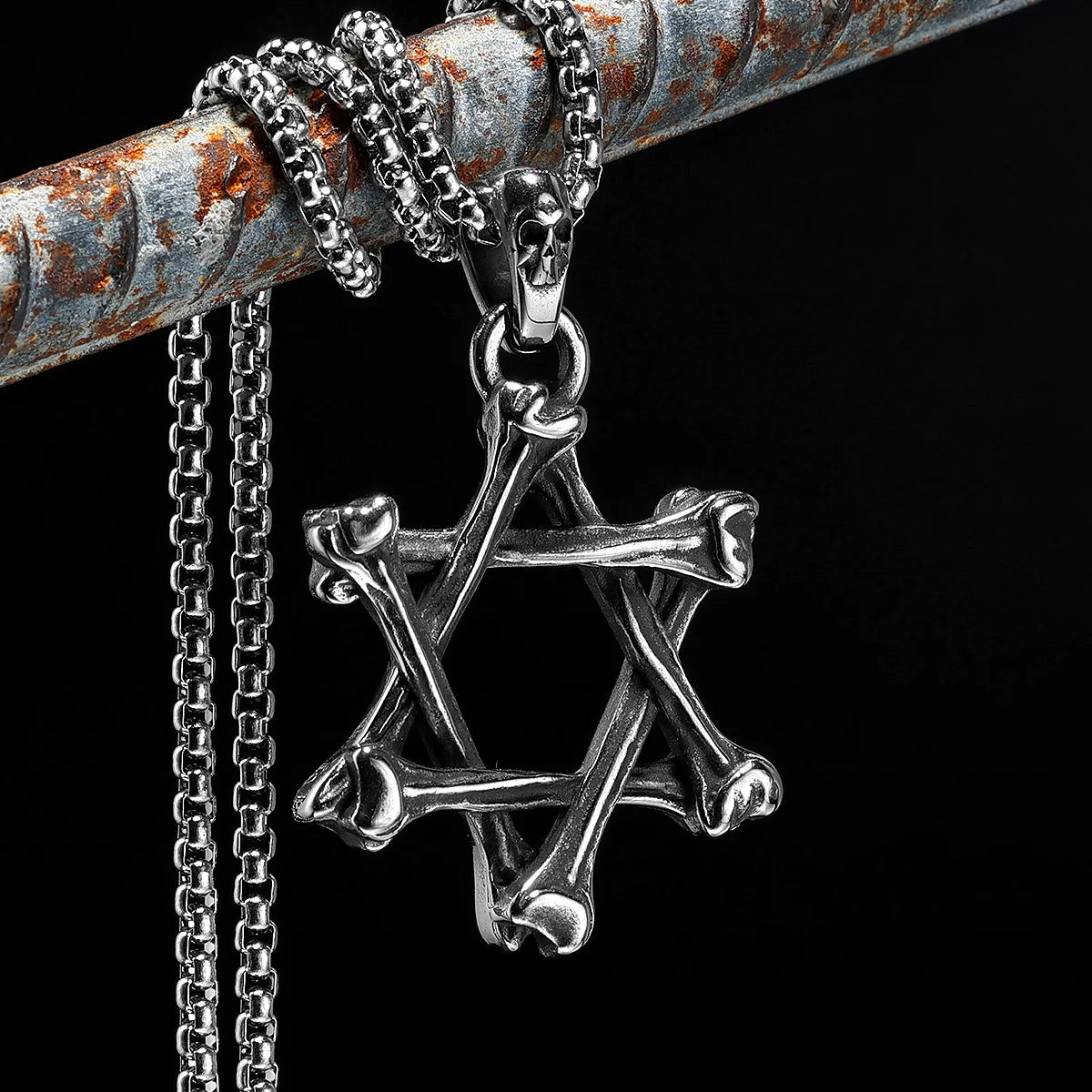 Sechszackigen Davidstern Halsketten Knochen Anhänger 316L Edelstahl Männer Kette Rock Punk für Männer Schmuck Weihnachten Geschenk Großhandel