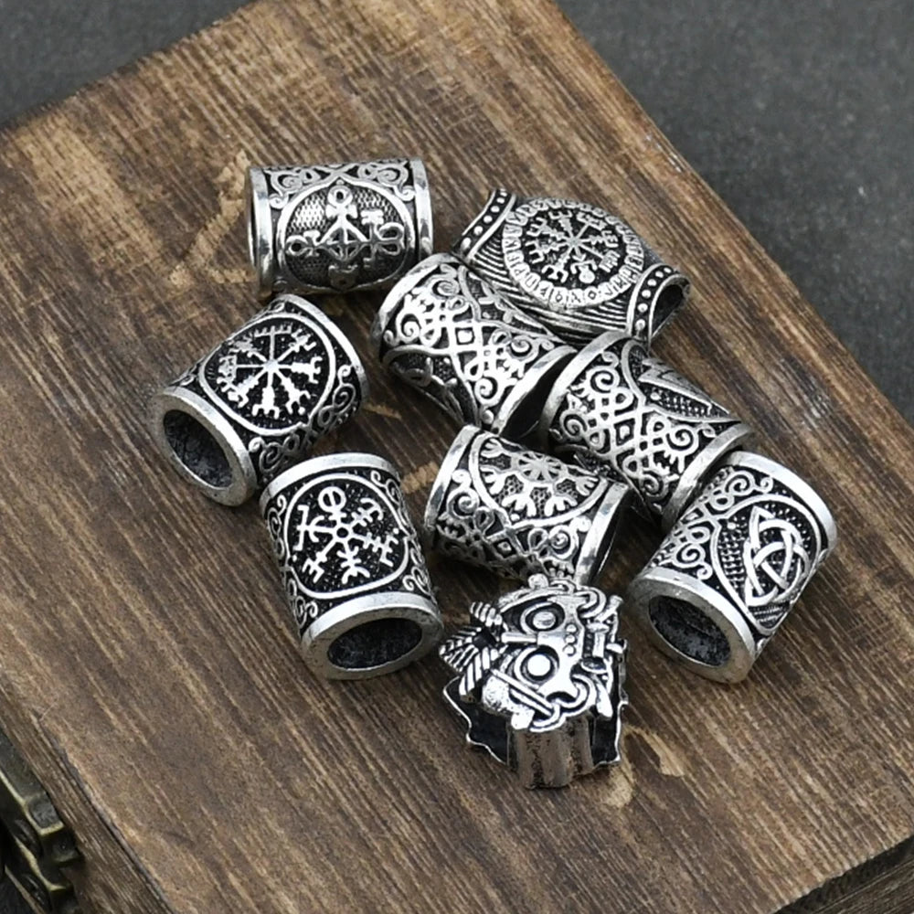 Runa vikinga para el cabello, barba, Valknut, Vegvisir, brújula, copo de nieve, nudo, amuletos de la trinidad para barbas, pulsera de runas con cuentas de agujero grande, bricolaje