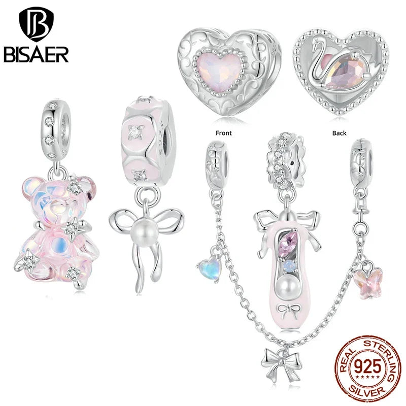 BISAER 925 Sterling Silver Princess Bear Ballet Girl Charm Bead Pink Shoe Bow Safety Chain Fit Women DIY Bracelet Fine Jewelry