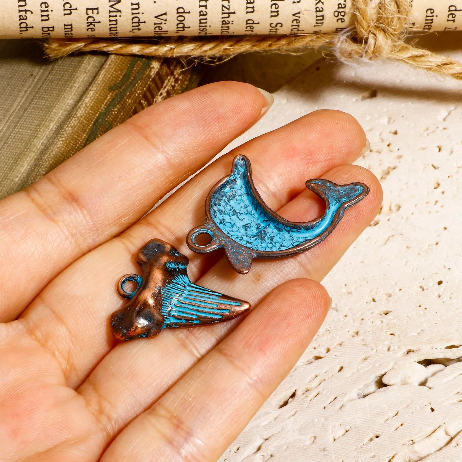 Vintage Ocean Jewelry Charms Antique Copper Blue Patina Fish Shell Pendants