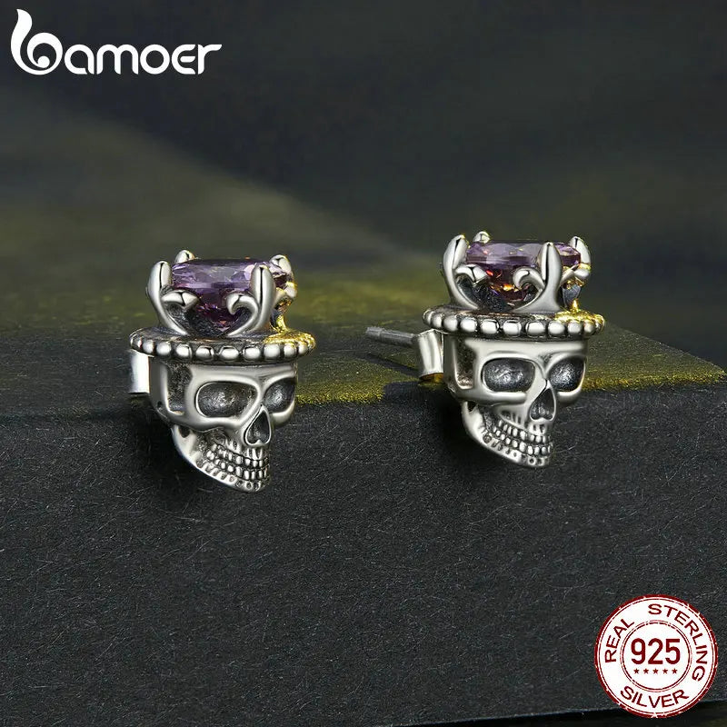 Bamoer 925 Sterling Silver Retro King of Skull Stud Earrings Skeleton Earrings for Women Halloween Fine Jewelry BSE892