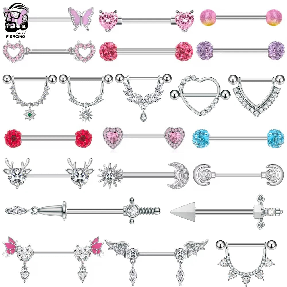 Mixed-Style Nipple Rings 14G Heart Butterfly Sword-Shaped Crystal CZs Nipple Piercing for Women Stainless Steel Shield Jewelry