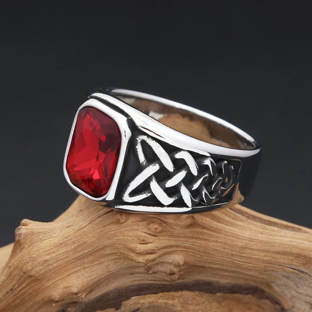 Punk Vintage Square Red Stone Signet Rings For Men Women Stainless Steel Nordic Vikings Knot Rune Ring Fashion Jewelry Wholesale