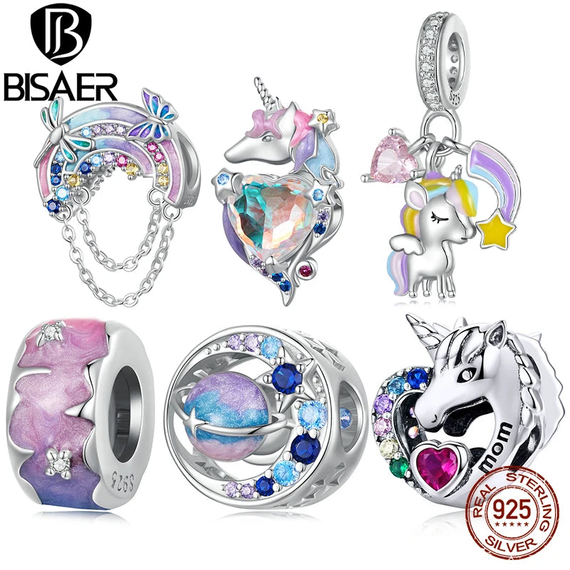 BISAER 925 Sterling Silber Bunte Einhorn Charm Perle Regenbogen Planet Anhänger Vergoldet Platin Fit Mädchen DIY Armband Schmuck