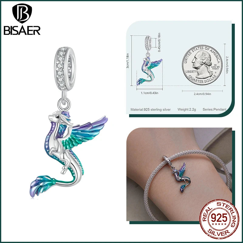 BISAER Real 925 Sterling Silver Phoenix Charm Bead Animal Pendant Gradient Enamel Process Fit Women DIY Bracelet Fine Jewelry