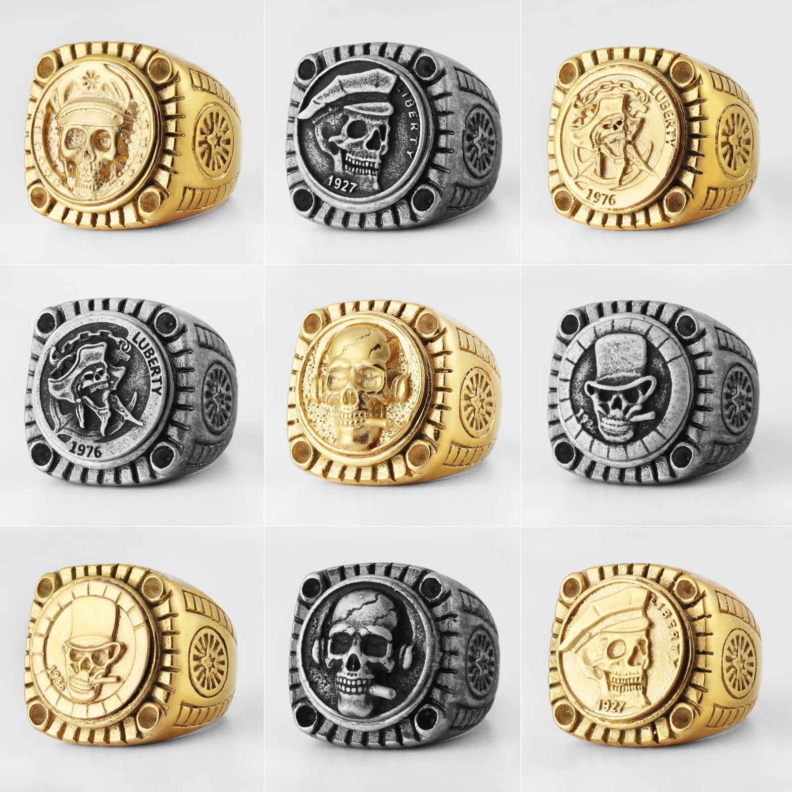 Totenkopf-Abzeichen-Ringe, 316L Edelstahl, Herrenring, Vielzahl von Retro-Skeletten, Punkrock, Punk für Reiter, männliche Raucher, Schmuck, bestes Geschenk