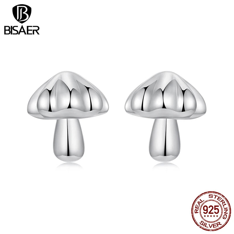 BISAER 100% 925 Sterling Silver Cute Mushroom Stud Earrings Oxidized silver For Women Party Fine Jewelry Gift ECE1818