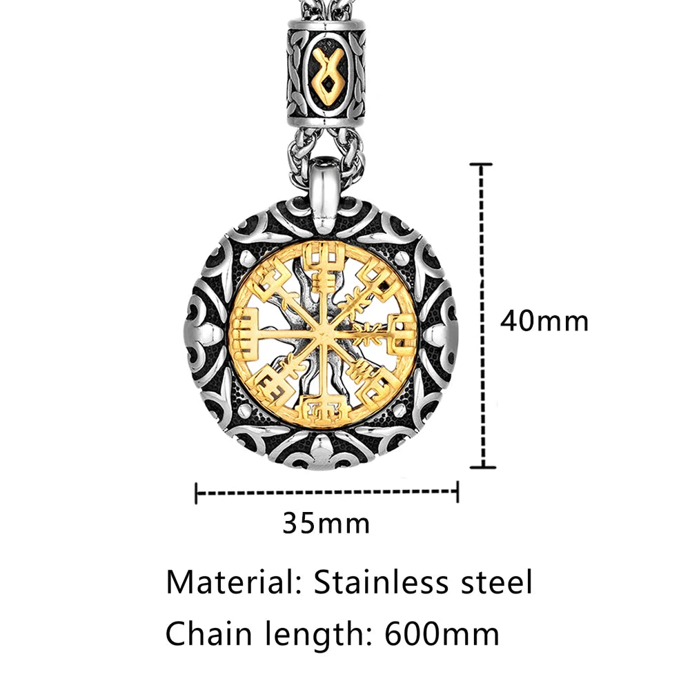 Vintage Vikings Compass Trident Necklaces Men Stainless Steel Norse Rune Hollow Out Sun Pendant Amulet Scandinavian Jewelry Gift