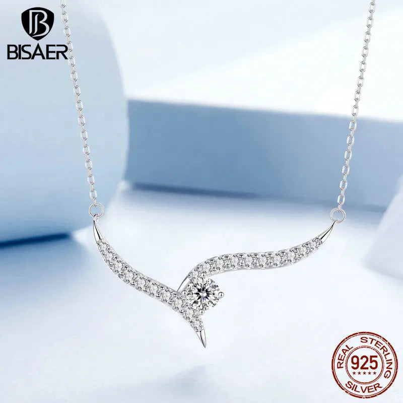 BISAER 925 Sterling Silver Sparkly Minimalist Line Pendant Necklace Adjustable Chain Plated White Gold for Woman Fine Jewelry