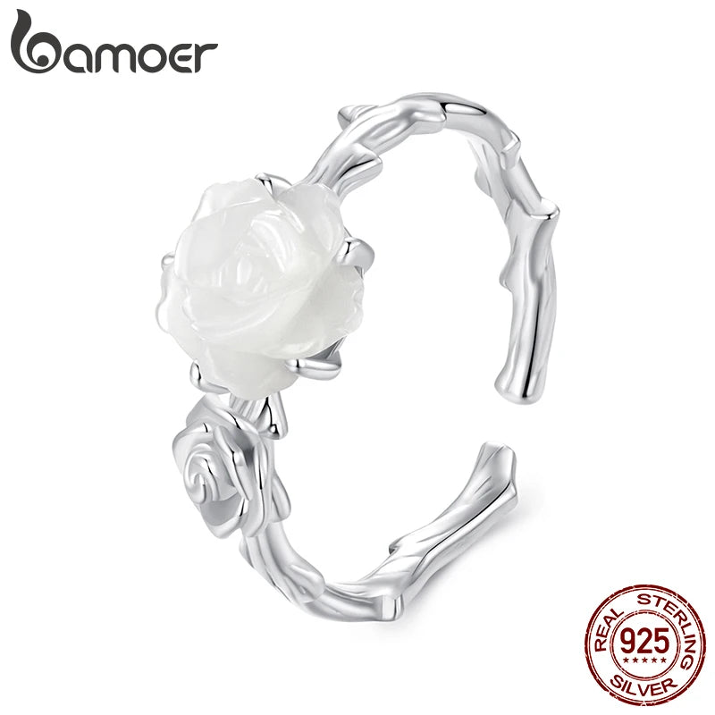 Bague ajustable BAMOER en argent sterling 925 avec rose blanche, motif floral rétro, cadeau de Noël ou d'anniversaire pour femme BSR609-E