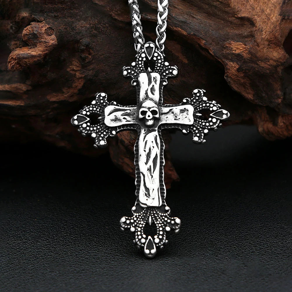 Gothic Punk Cross Skull Pendant Necklace 316L Stainless Steel Hip Hop Biker Cross Necklaces For Men Women Fashion Charm Jewelry