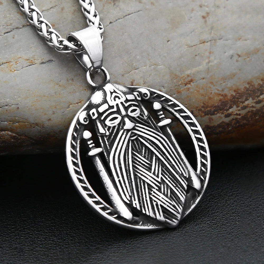 New Viking Odin Portrait With Double Sword Pendant Necklace For Men Vintage Nordic Stainless Steel Amulet Jewelry Gift Wholesale