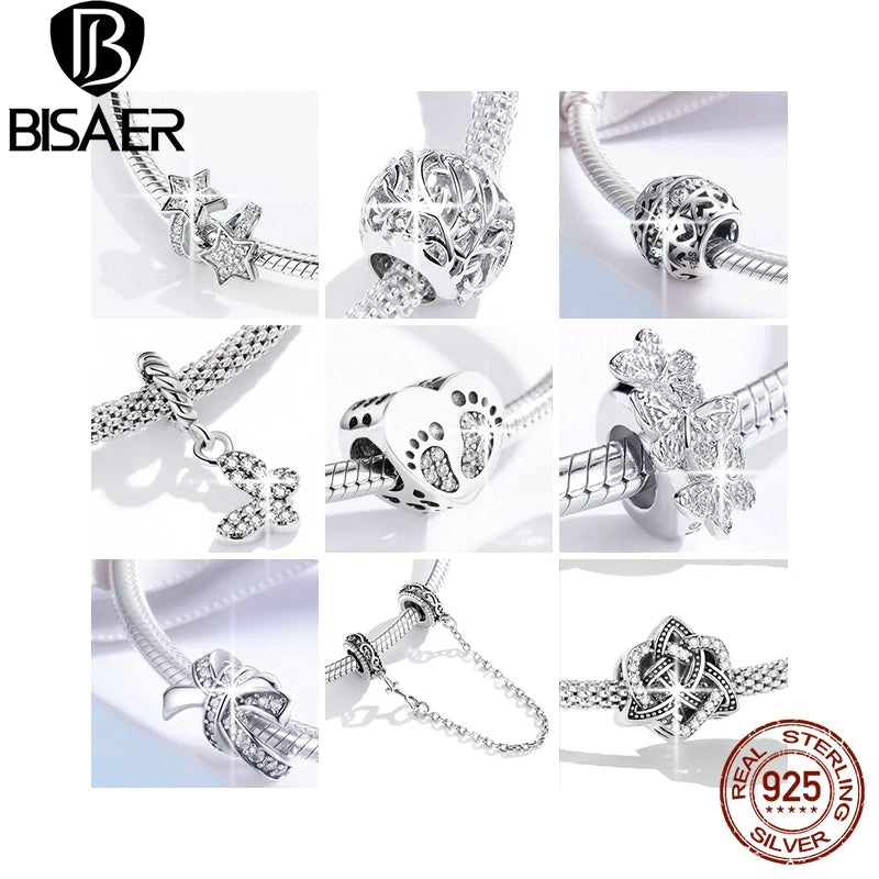 BISAER 925 Sterling Silver Charm Clear AAAAA Zircon Family Heart Cross Safety Chain Beads Fit Bracelet Necklace DIY Fine Jewelry