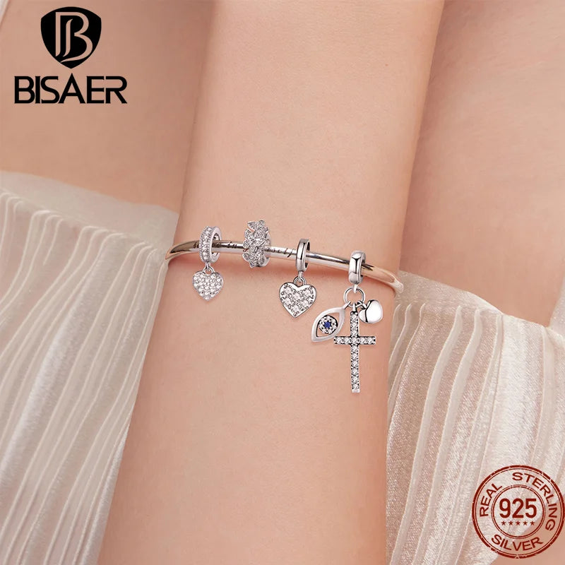 BISAER - Abalorio de plata de ley 925 con circonitas AAAAA transparentes, forma de corazón y cruz, cadena de seguridad, compatible con pulseras y collares, joyería fina DIY