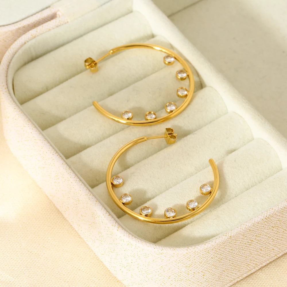 New 16K Gold Plated Stainless Steel Post Cubic Zirconia Hoop Earrings for Women Delicate C Shaped Studs Jewelry Gift