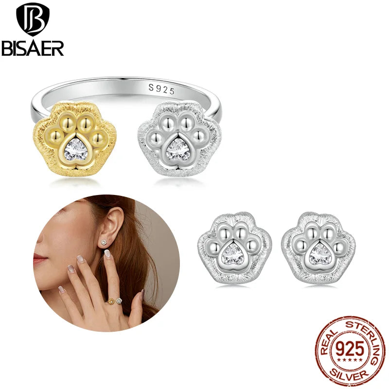 BISAER 925 Sterling Silver Cute Paw Open Ring Two-color Pet Claws Stud Earrings Plated White Gold for Women Party Fine Jewelry