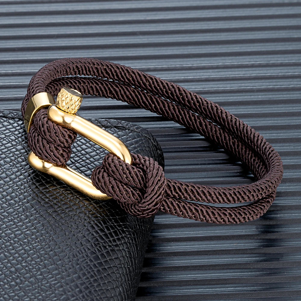 MKENDN Gold Color Stainless Steel Shackle Bracelet Simple Double Strand Nautical Rope Bracelets for Men Women Handmade Jewelry