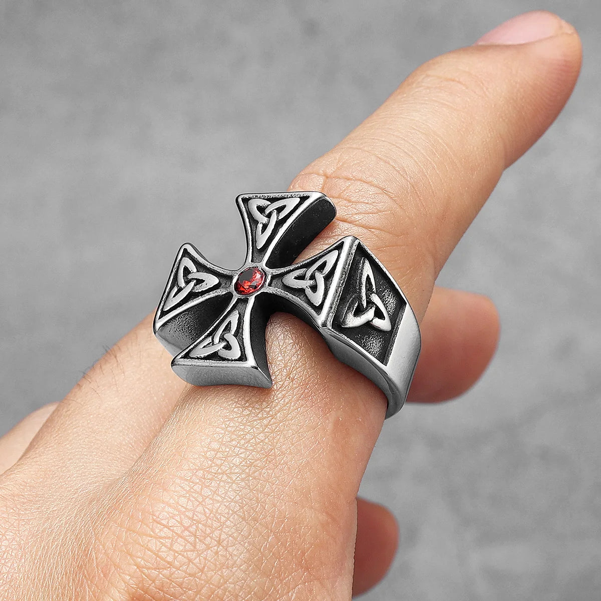 Celtic Knot Ring Cross Red Stone Mens Ring Stainless Steel Rock Nordic Amulet for Male Boyfriend Biker Jewelry Gift Wholesale