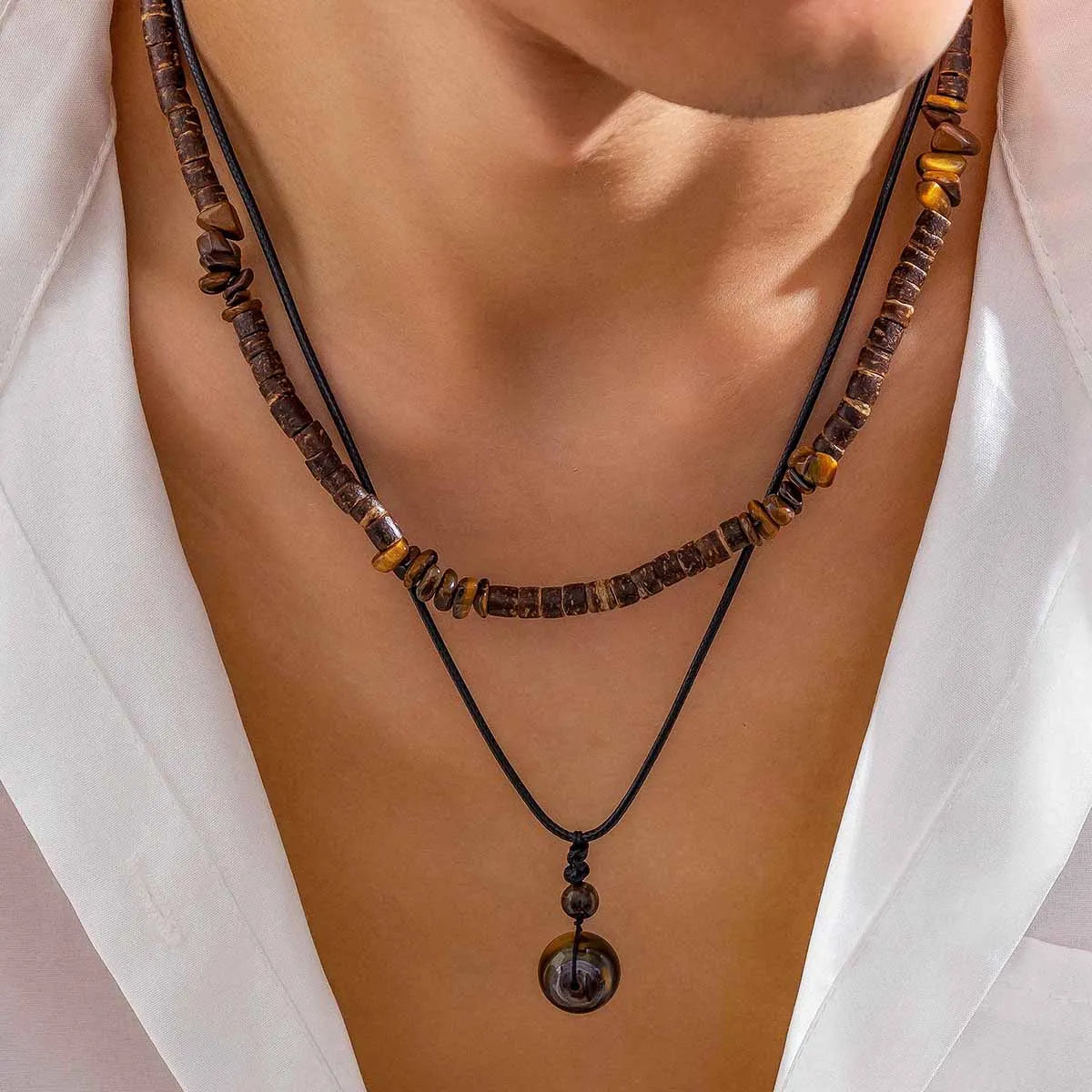 Stone and Wood Bead Pendant Necklace for Men