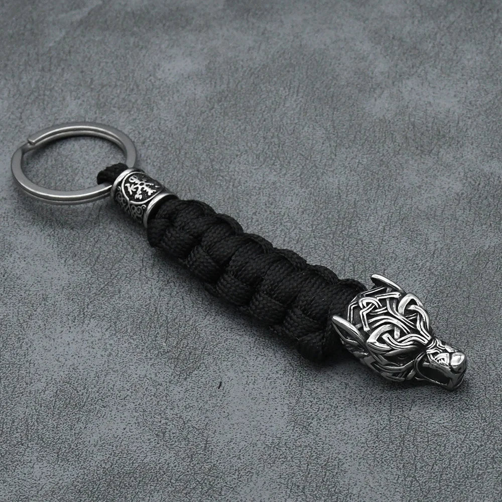 Handmade Vintage Vikings Wolf Head Survival Keychain Men Charm Rune Vegvisir Celt Wolf Keyring Stainless Steel Paracord  Jewelry