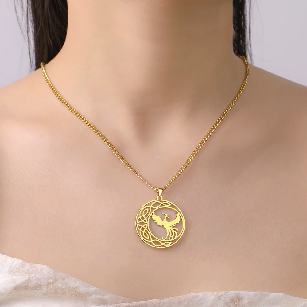 Dawapara Mythological Animals Phoenix Necklace Powerful Totem Celtic Crescent Moon Protection Amulet Stainless Steel Jewelry