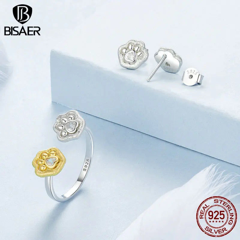 BISAER 925 Sterling Silver Cute Paw Open Ring Two-color Pet Claws Stud Earrings Plated White Gold for Women Party Fine Jewelry