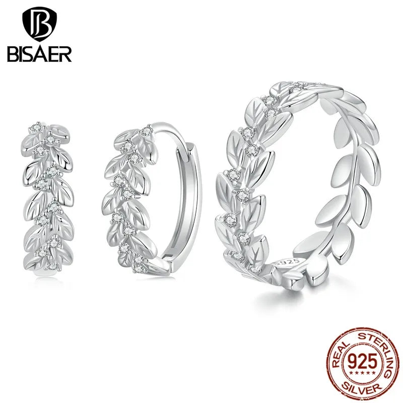 BISAER 925 Sterling Silver Leaves Open Ring Simple Leaves Hoop Earrings Plated White Gold for Women Party Fine Jewelry Set Gift