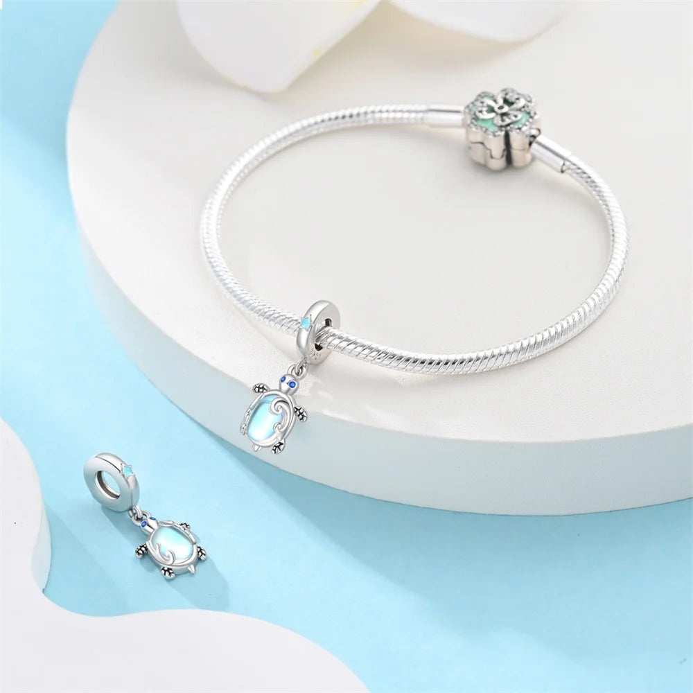 Cute 925 Sterling Silver Illusion Glass Blue Sea Turtle Charm Fit Bracelet Children's Birthday Creative Jewelry Gift