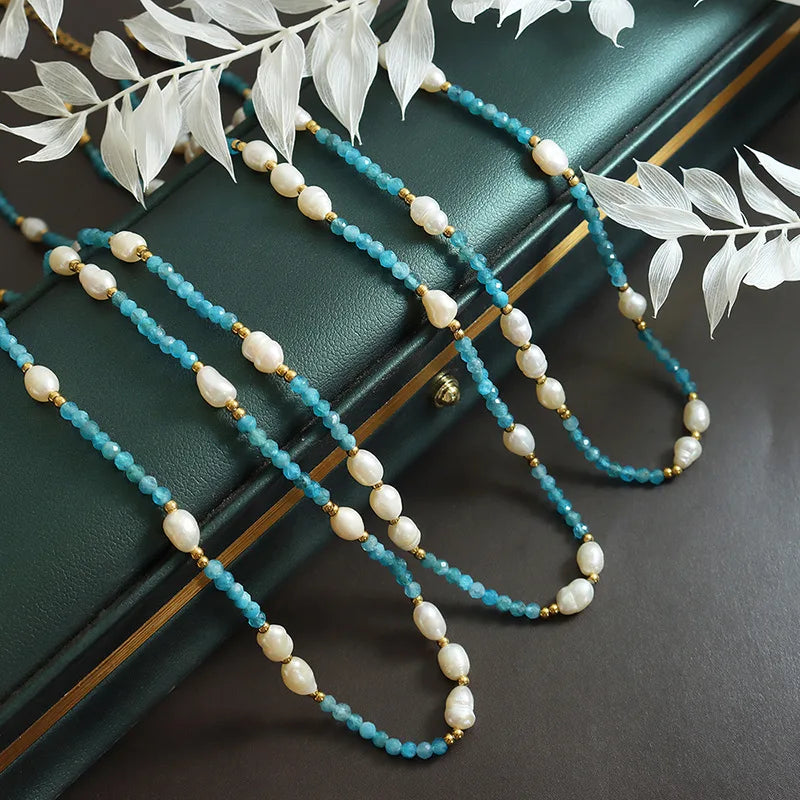 New Stylish Bohemia Natural Blue Stone Freshwater Pearl Chain Necklaces for Women Stainless Steel Choker Handmade Jewelry Gift