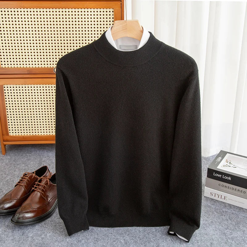 New Fashion Men's 100% Wool Pullover Half-high Collar Sweater Autumn Winter Warm Solid Color Knit Sweater Business Casual Top