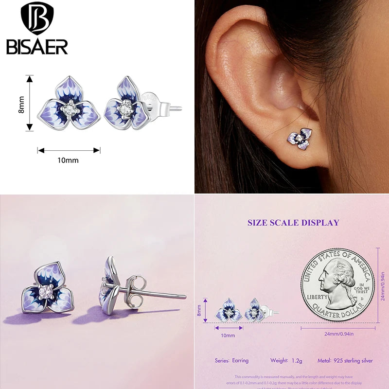 BISAER Real 925 Sterling Silver Butterfly Flower Stud Earrings for Women Exquisite Party Mini Ear Clip for Girl Original Design