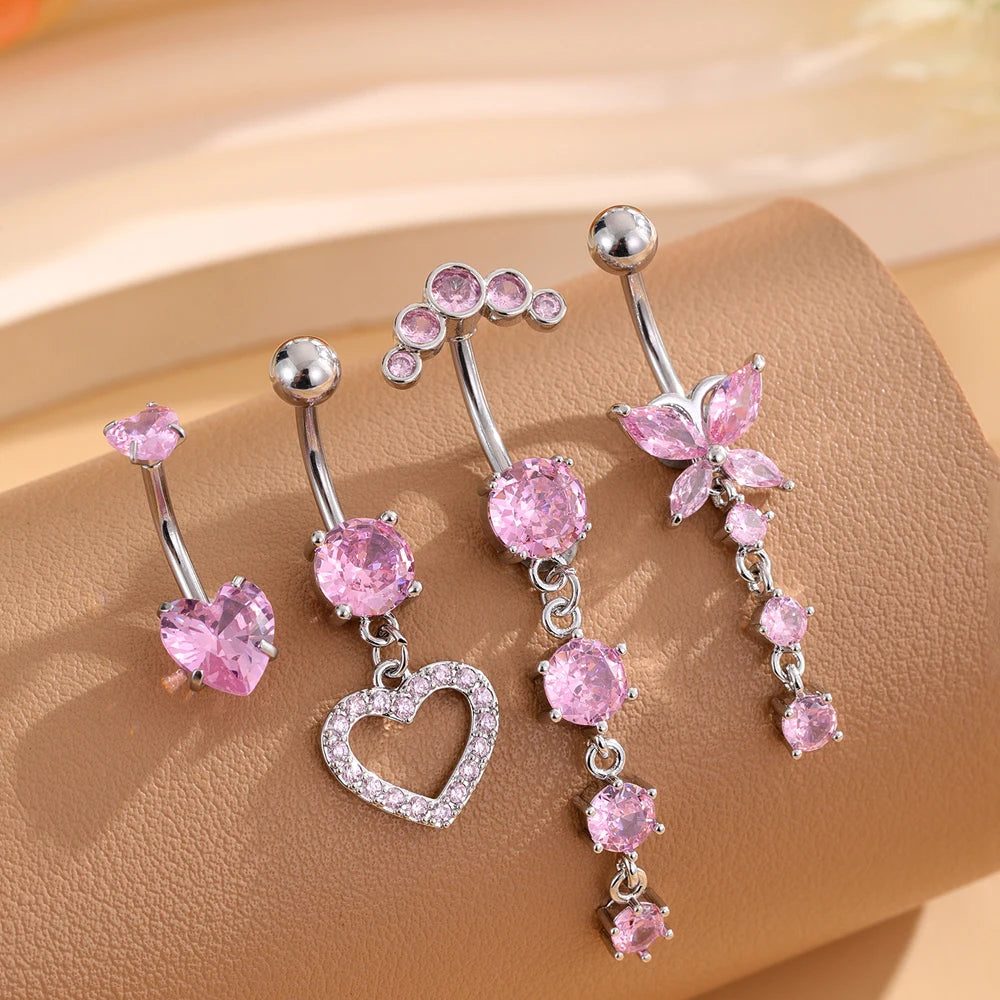 Butterfly Heart-shaped Belly Button Ring Sets Stainless Steel CZ Belly Rings Piercing Ombligo 14G Pink Zircon Navel Piercings