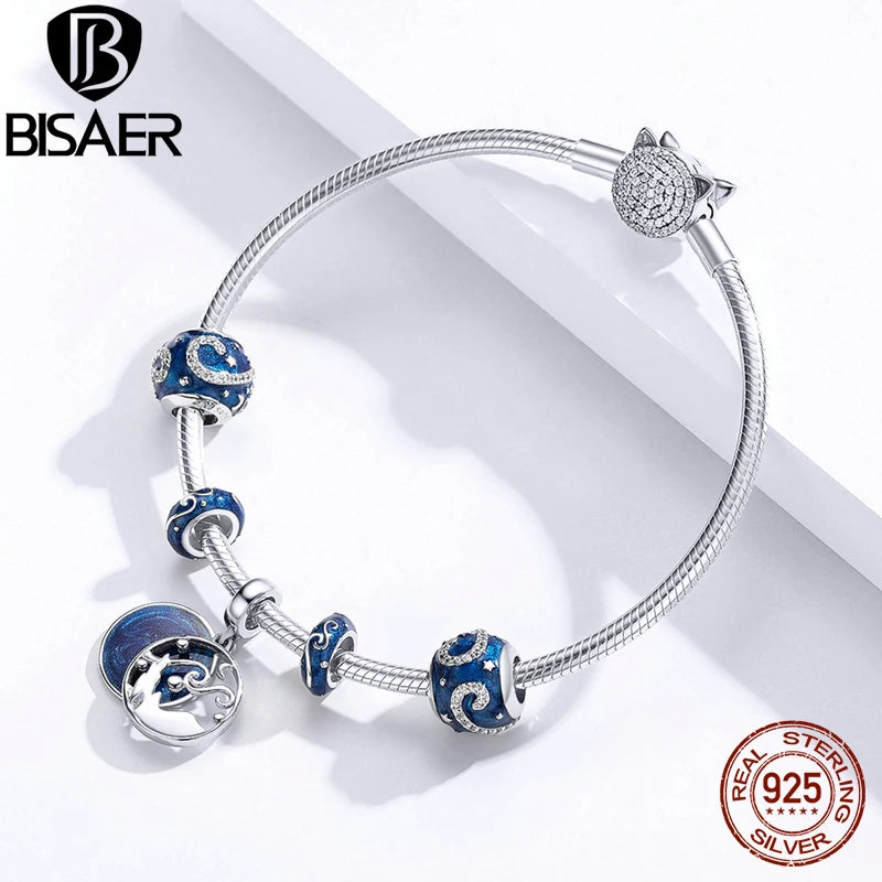 BISAER 100% 925 plata esterlina azul encantos cuentas galaxia estrella luna copo de nieve perlas colgante ajuste mujeres DIY pulseras joyería fina